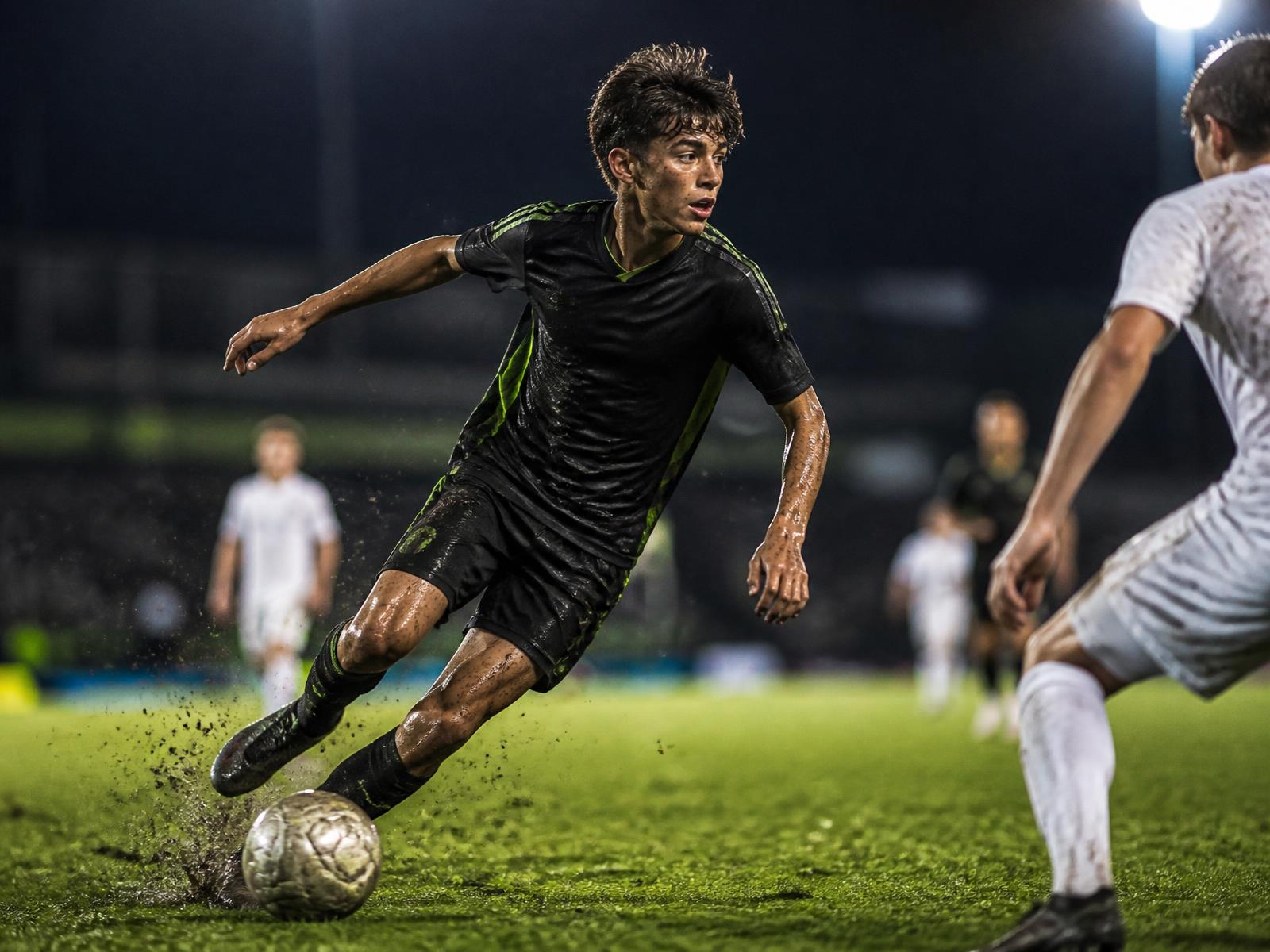 Jovem atleta com bola em campo de futebol