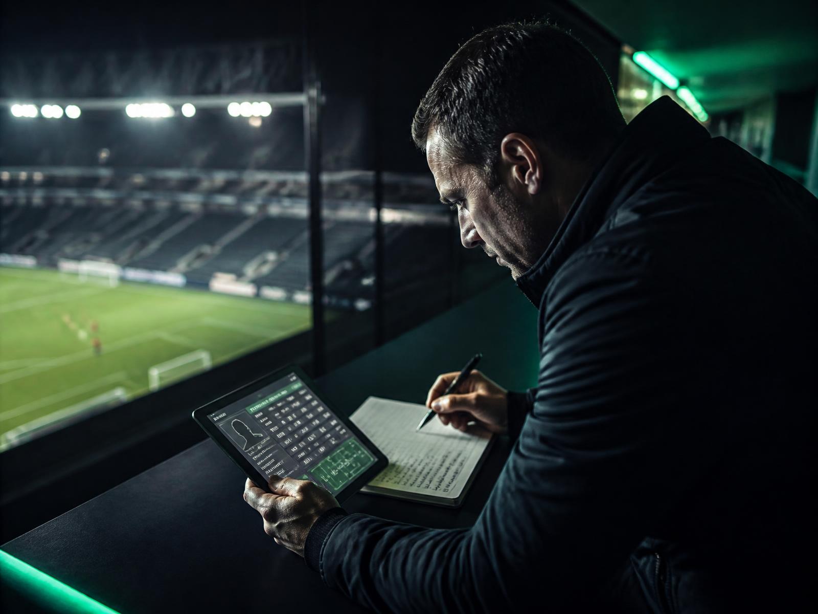 Olheiro analisando atletas em estádio com tablet